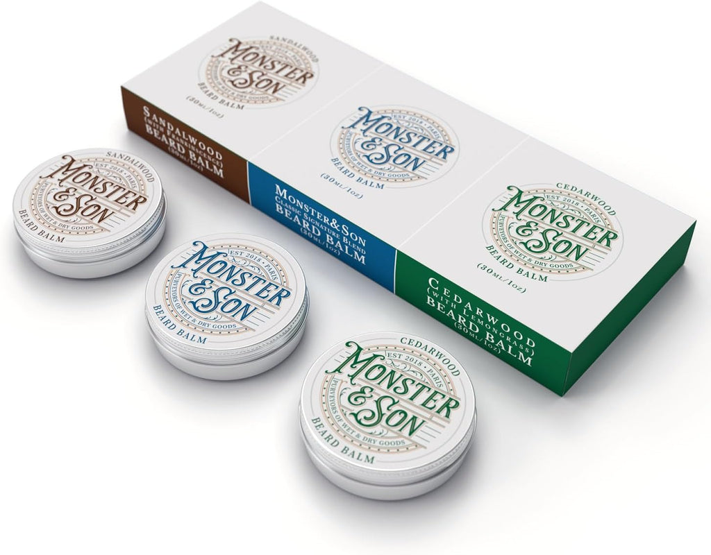 Monster&Son Organic Beard Balm Variety Pack x3 - Helps to Hydrate, Style and Promote New Hair Growth - Rich in Vitamins & Minerals - Jojoba Oil, Shea Butter, Coconut Oil - Ideal Gift for Bearded Men