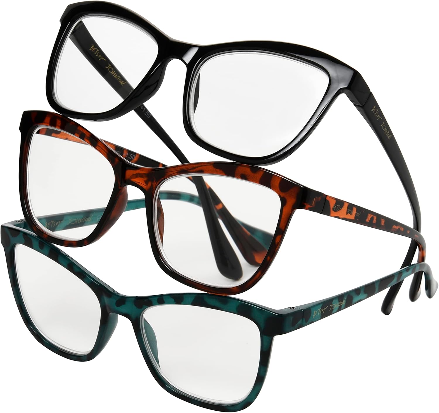 Betsey Johnson Women's Telcroc 3 Pack Reading Glasses Way, Black, Tortoise, Teal Tortise, 1.5X + 1.5