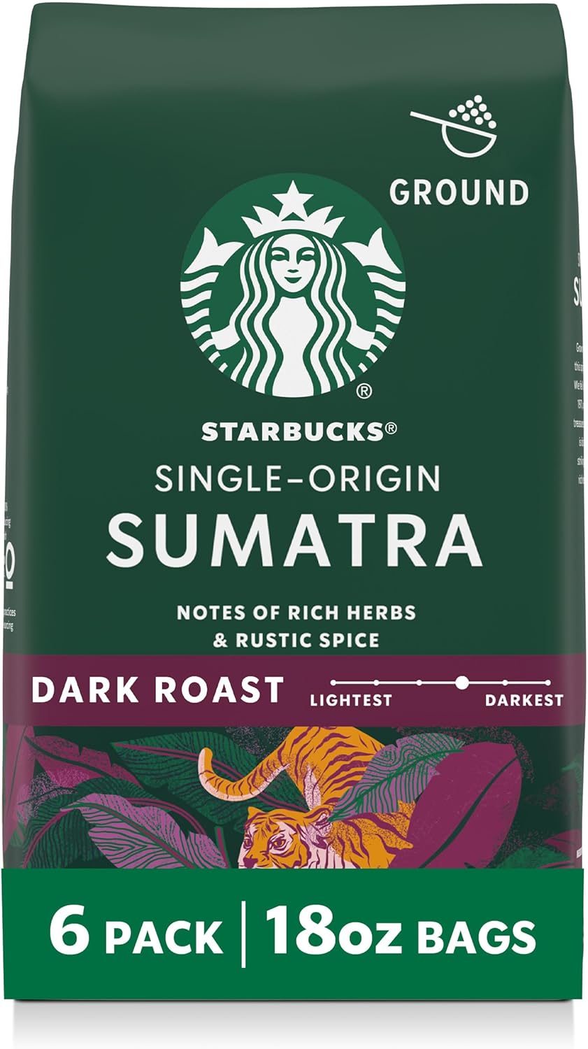 Starbucks Ground Coffee, Dark Roast Hot or Iced Coffee, Single-Origin Sumatra, Six 18 oz Bags