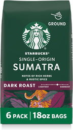 Starbucks Ground Coffee, Dark Roast Hot or Iced Coffee, Single-Origin Sumatra, Six 18 oz Bags