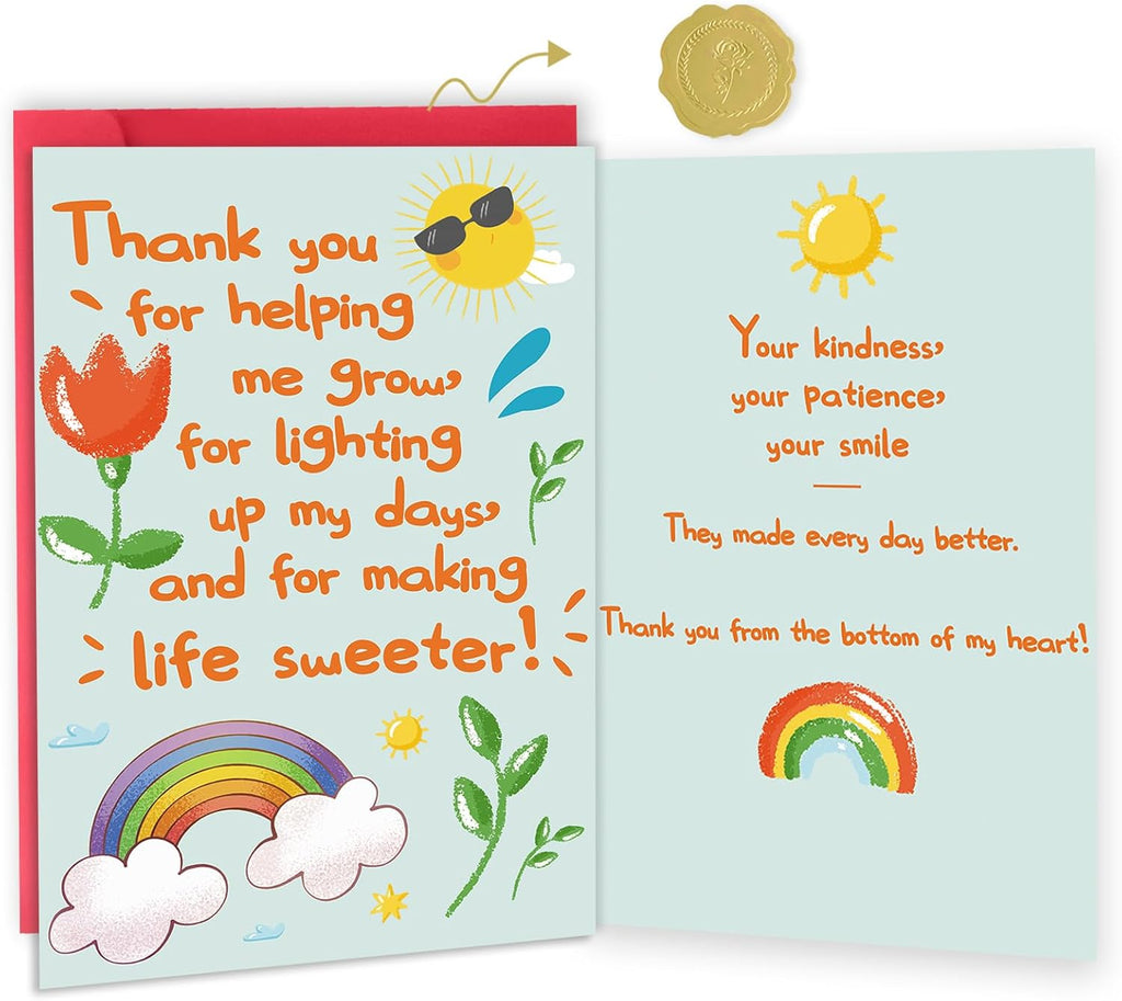 Cute Thank You Card for Teacher, Funny Teacher Appreciation Card Gifts for Men Women, Thank You for Helping Me Grow, Teachers Appreciation Gifts Cards from School Kids Students with Envelopes