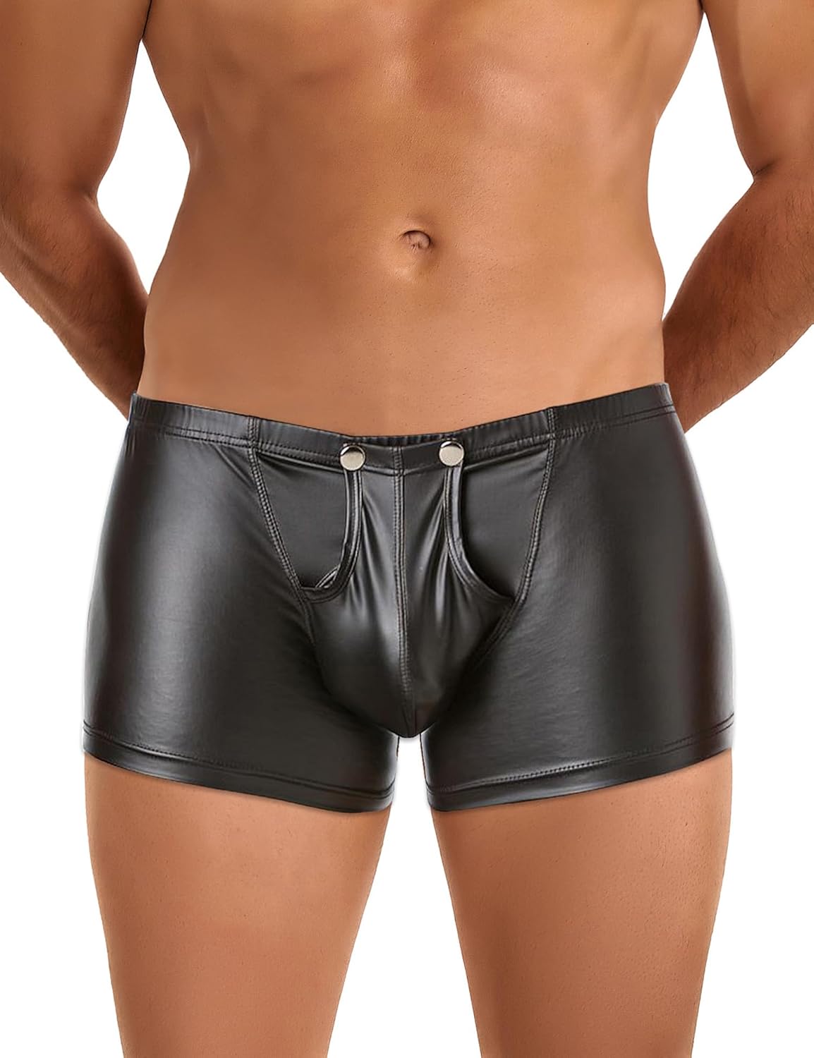 comeondear Men's Leather Underwear Lingerie Boxer Shorts Underwear with Bulge Pouch Briefs Shorts Low Rise Trunks