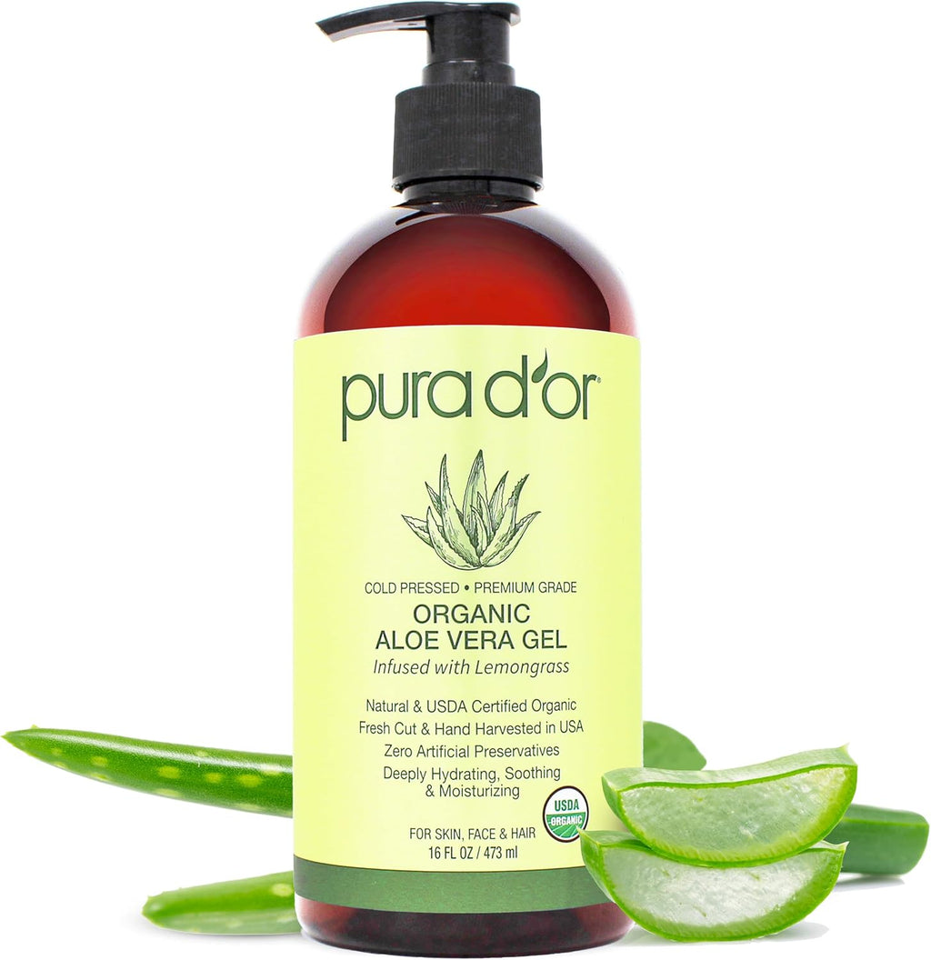 PURA D'OR 16 Oz ORGANIC Aloe Vera Gel - Lemongrass - All Natural - ZERO Artificial Preservatives - Deeply Hydrating & Moisturizing - Sunburn, Bug Bites, Rashes, Small Cuts, Eczema Relief - Skin & Hair