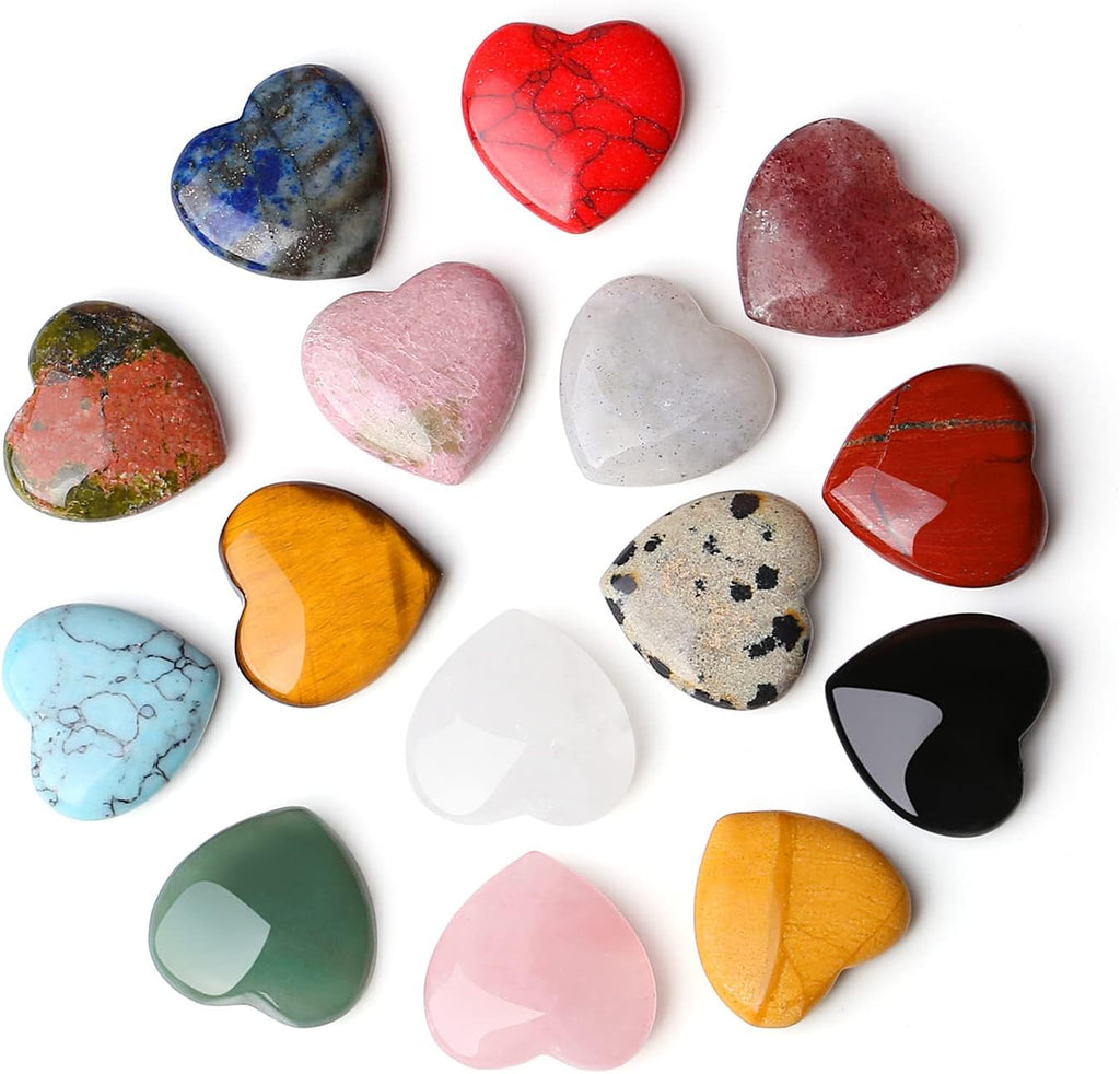 15PCS Natural Heart Healing Crystals Love Stones Rose Quartz Clear Quartz Tiger Eye Heart Set Bulk Polished Pocket Palm Thumb Gemstones Meditation Chakra Reiki Energy Balancing 0.8 inch