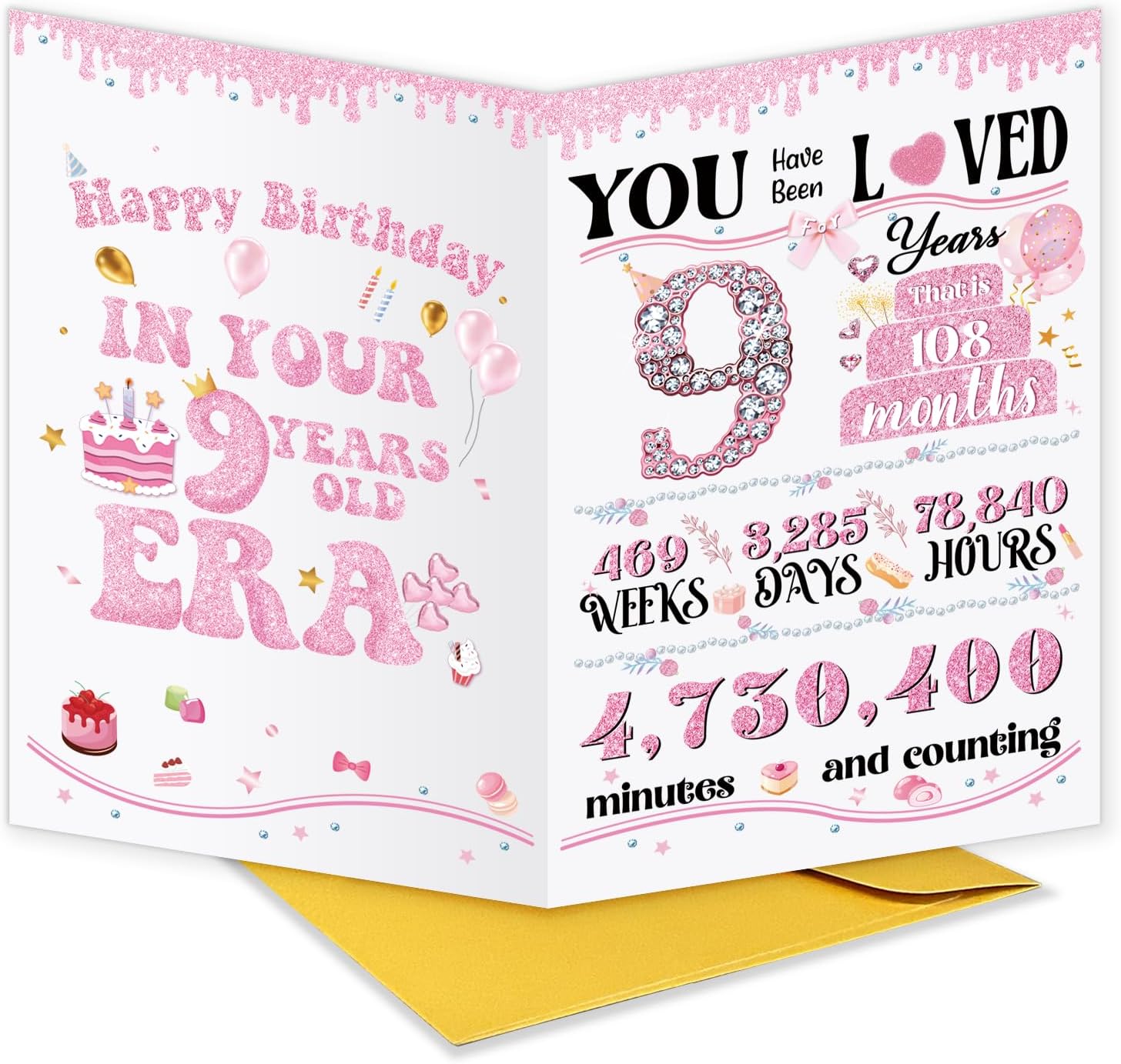 Cute 9th Birthday Card Gift for Girls Kids Child, Ideal 9 Years Old Birthday Card for Daughter Granddaughter Niece Sister Her, Best Happy Nine Years Old Gift from Dad Mom Grandma Grandpa