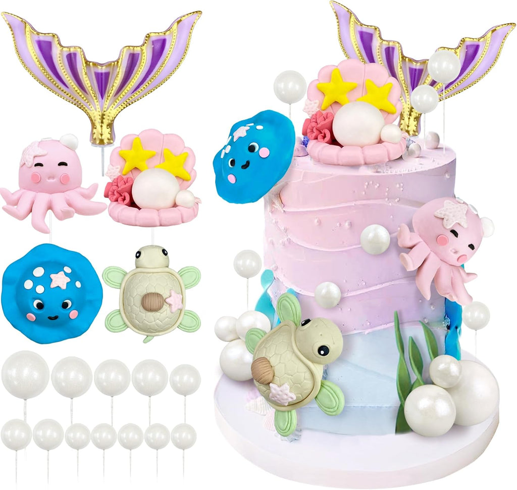 17 PCS Under the Sea Cake Decorations Ocean Theme Cake Toppers with Sea Animals for Boys Girls Baby Shower Birthday Party Supplies