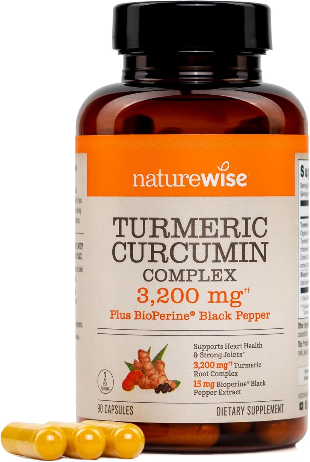 NatureWise Turmeric Curcumin Complex 3200 mg with BioPerine for Absorption - Turmeric Curcumin Supplement for Antioxidant Support - Non-GMO, Vegan, USA Manufactured - 90 Capsules[30-Day Supply]
