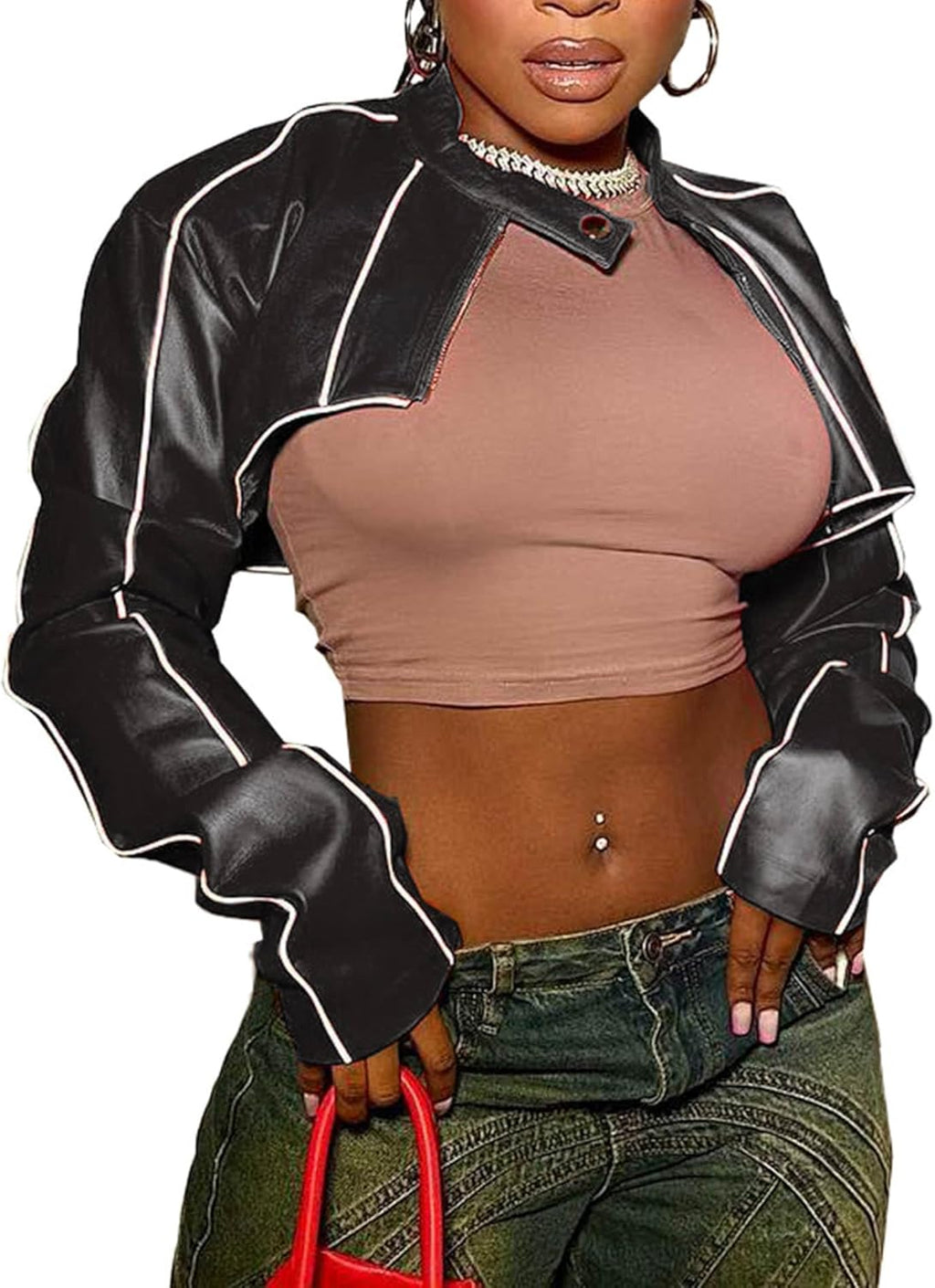 SEMATOMALA Women's Mock Neck PU Leather Crop Jacket Shrug Moto Biker Zip Up Faux Leather Slim Bolero Coat