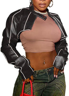 SEMATOMALA Women's Mock Neck PU Leather Crop Jacket Shrug Moto Biker Zip Up Faux Leather Slim Bolero Coat