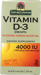 Nature's Answer Vitamin D-3 Drops | Blended with Extra Virgin Gold Olive Oil | Quickly Absorbed into Body | No Fillers, No Soy, Yeast Sugar, Milk or Preservatives 0.5oz