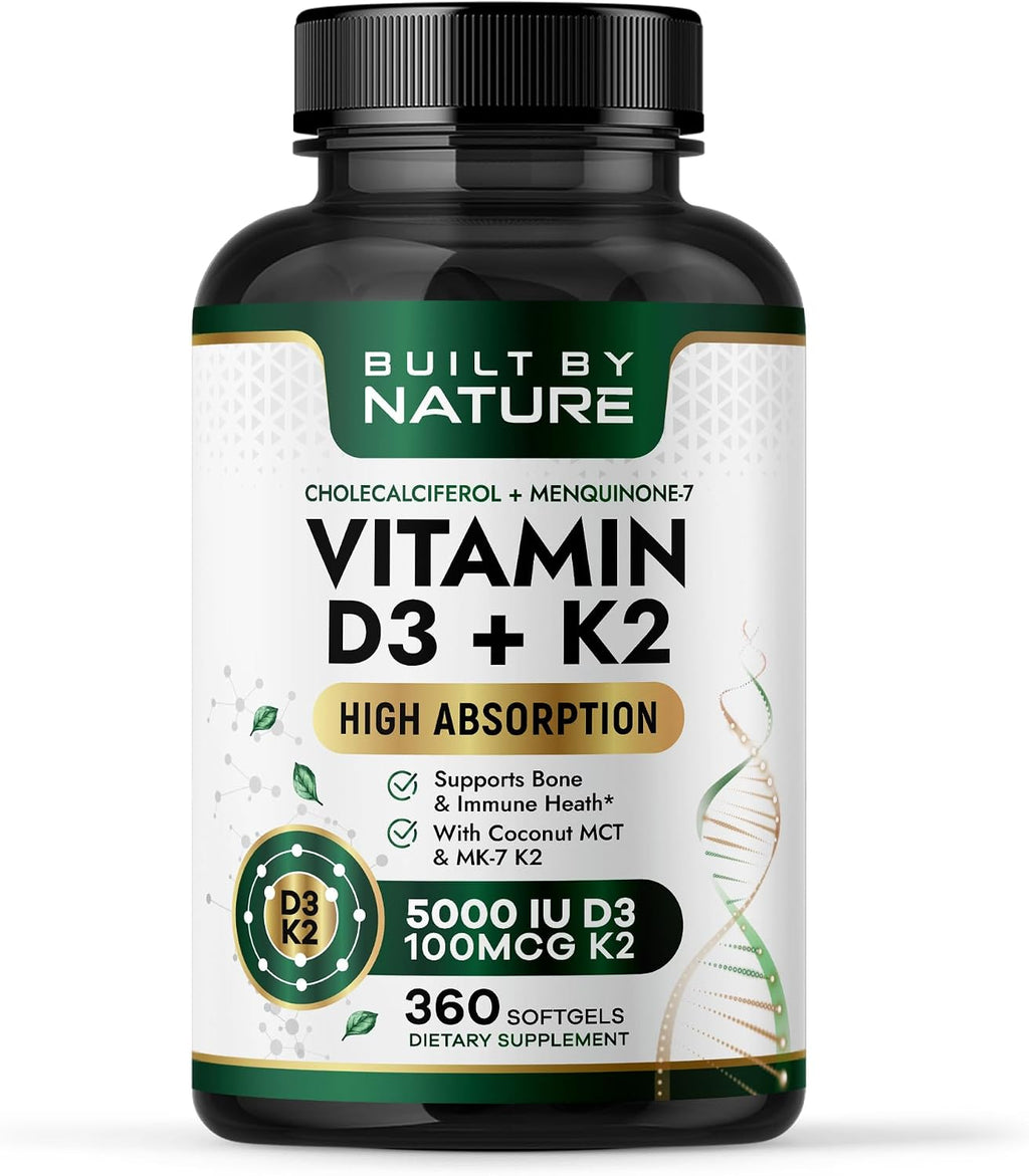 Built by Nature Vitamin D3 K2 5000 IU + 100 mcg MK-7 - Extra Strength, High Absorption - Bone, Heart & Immune Support - Coconut MCT Oil - Non-GMO – 1 Year Supply - 360 Softgels