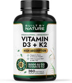 Built by Nature Vitamin D3 K2 5000 IU + 100 mcg MK-7 - Extra Strength, High Absorption - Bone, Heart & Immune Support - Coconut MCT Oil - Non-GMO – 1 Year Supply - 360 Softgels