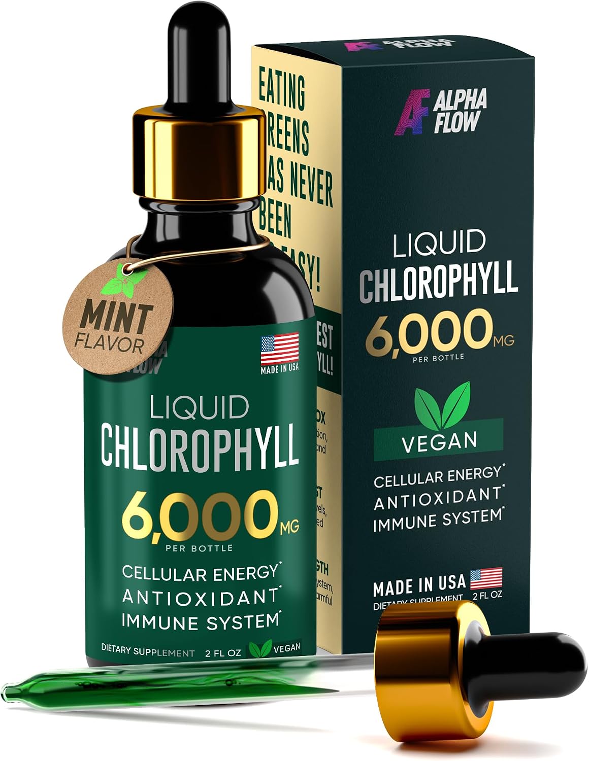 Alpha Flow Chlorophyll Liquid Drops 6000 mg - Premium Liquid Chlorophyll Supplement - All-in-One Antioxidant for Immune Boost, Energy Increase, Digestion Support & Fast Detox - Non-GMO, Vegan