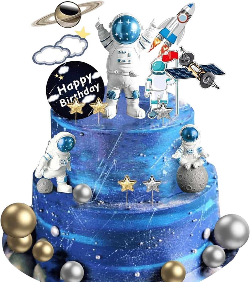 22Pcs Space Cake Topper,Space Cupcake Toppers Astronaut Figurine Birthday Outer Space Themed Party Decorations Supplies Planet Rocket Pearl Balls and Star DIY Cake Toppers