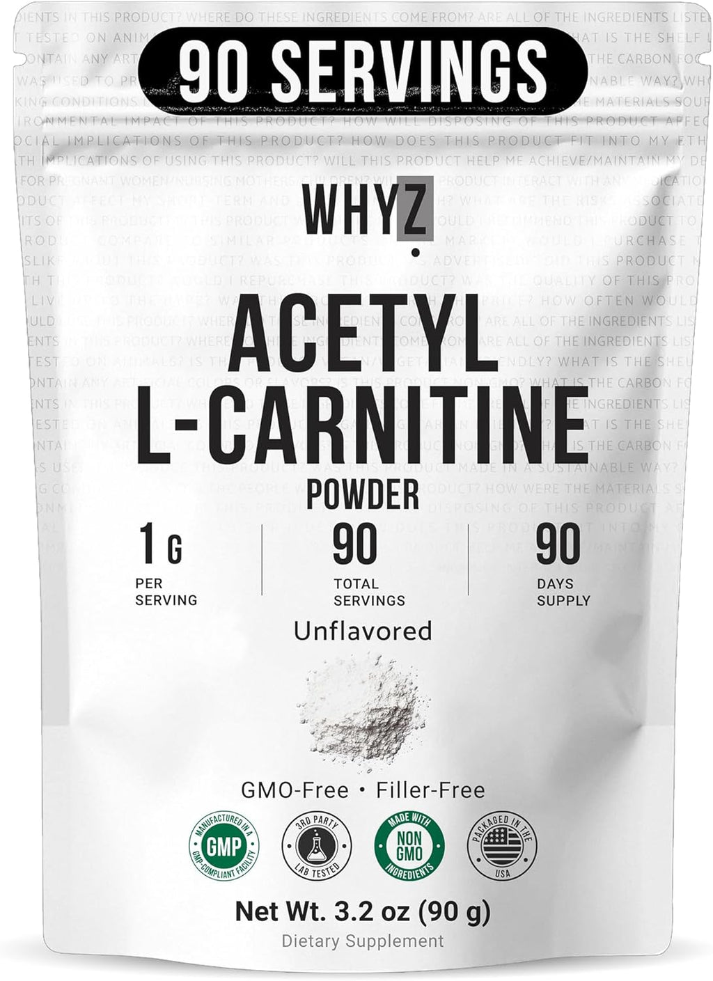 Pure Acetyl L-Carnitine Powder (ALCAR) Unflavored Acetyl-L-Carnitine HCl Supplement Powder with Smooth Texture for Easy Mixing Non-GMO, 3.2 oz (90g)