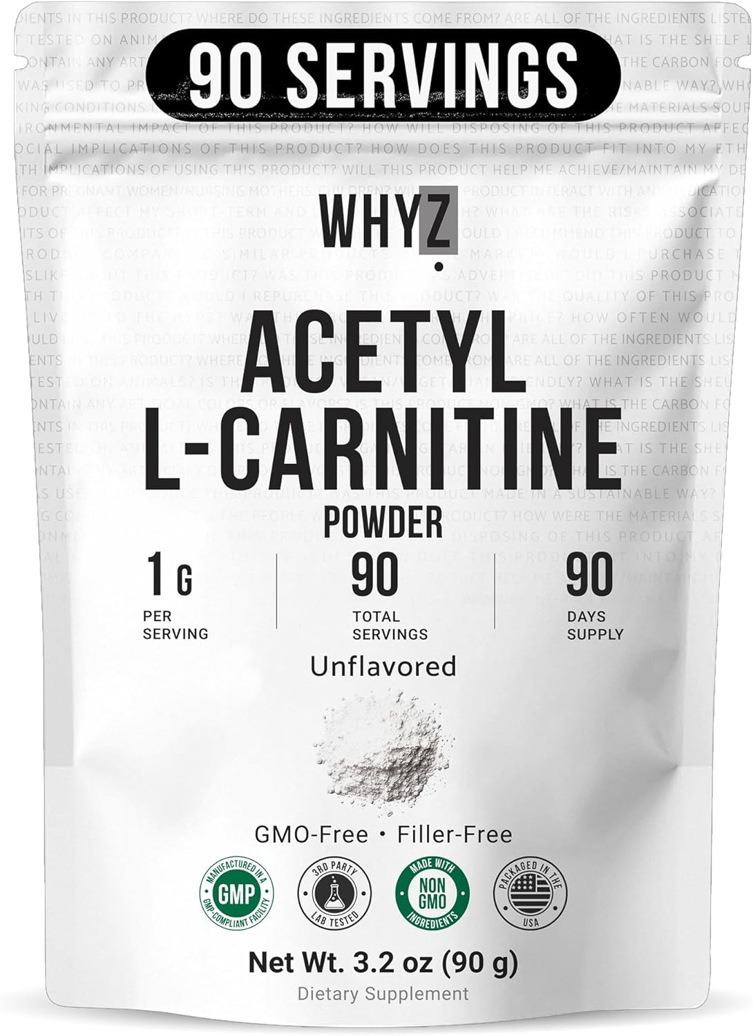 Pure Acetyl L-Carnitine Powder (ALCAR) Unflavored Acetyl-L-Carnitine HCl Supplement Powder with Smooth Texture for Easy Mixing Non-GMO, 3.2 oz (90g)