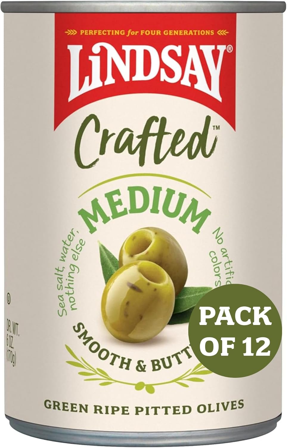 Lindsay Crafted Medium Green Ripe Pitted Olives, 6 Oz (Pack of 12), Keto Friendly, Healthy Snack, Perfect for Salads, Pastas, Charcuterie Boards