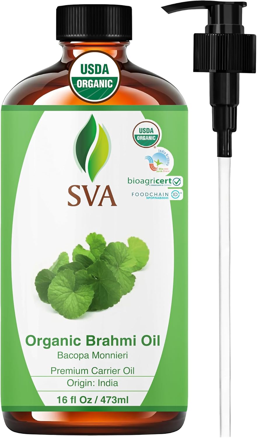 SVA Brahmi Oil Organic - 16 Fl Oz – 100% Natural Cold Pressed Organic Brahmi- for Face, Skin Care, Hair Care, Scalp Massage & Body Massage – Carrier Oil