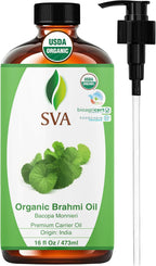 SVA Brahmi Oil Organic - 16 Fl Oz – 100% Natural Cold Pressed Organic Brahmi- for Face, Skin Care, Hair Care, Scalp Massage & Body Massage – Carrier Oil