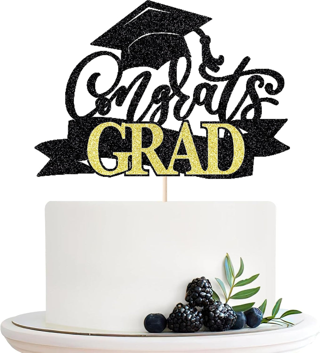 Black Gold Glitter Congrats Grad Cake Topper, Class of 2025 Themed Graduation Party Decorations, University College/High School/College/Senior Graduation Party Celebration Supplies