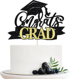 Black Gold Glitter Congrats Grad Cake Topper, Class of 2025 Themed Graduation Party Decorations, University College/High School/College/Senior Graduation Party Celebration Supplies