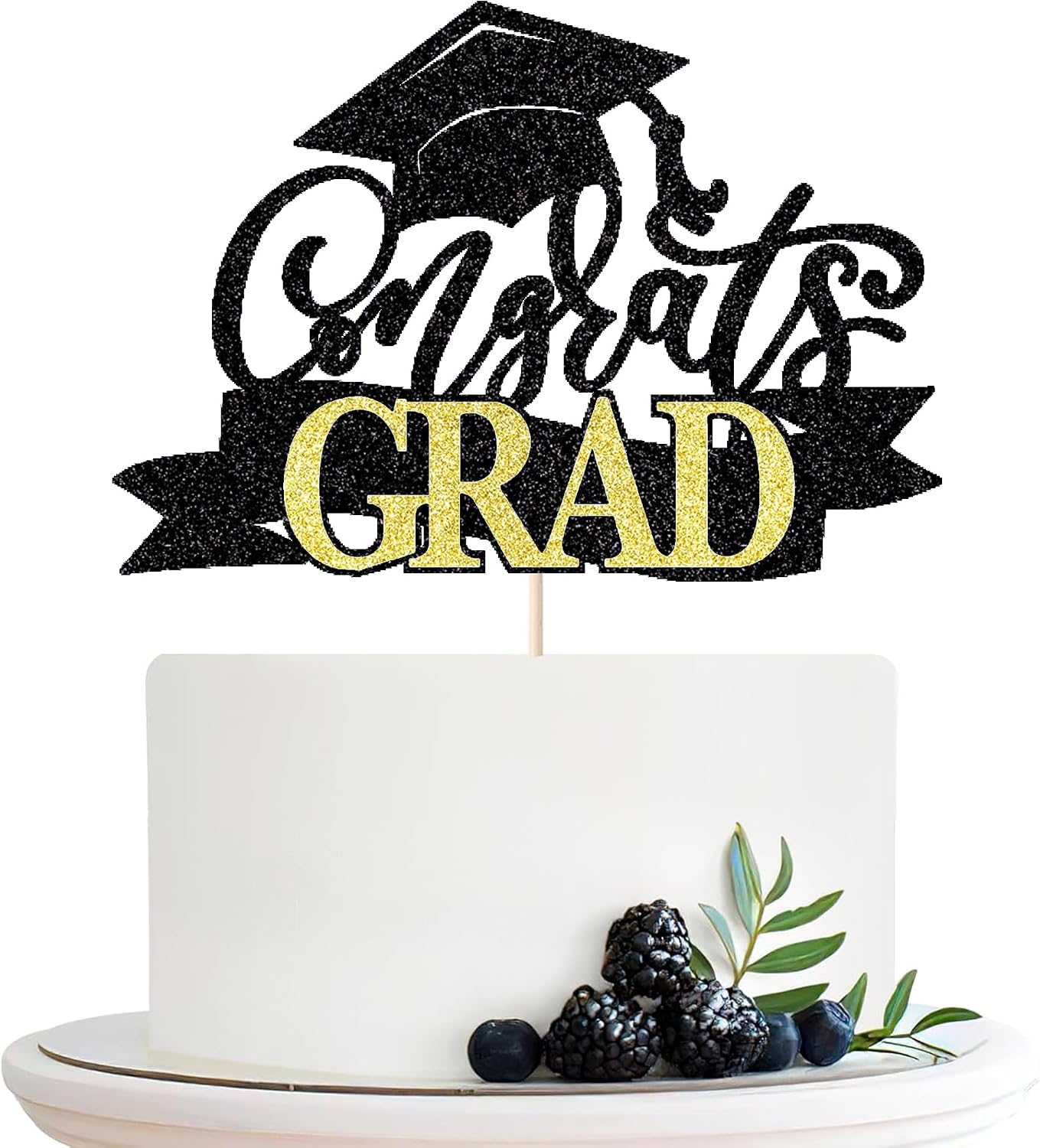 Black Gold Glitter Congrats Grad Cake Topper, Class of 2025 Themed Graduation Party Decorations, University College/High School/College/Senior Graduation Party Celebration Supplies