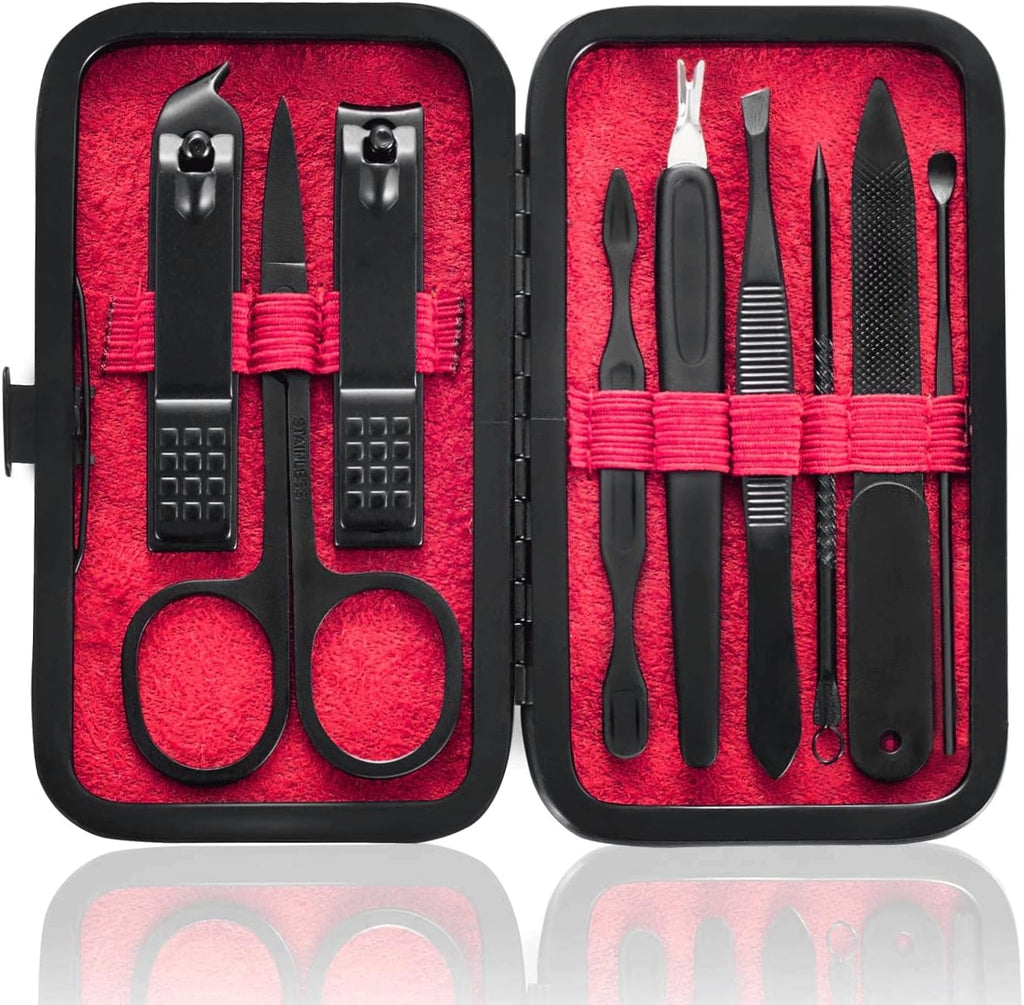 HANTEKAS Manicure Set 9 in 1 Stainless Steel, Nail Clippers Scissors Pedicure Tools Kit - Portable Travel Grooming Kit for Men and Women with Black/Red Leather Case (Red)