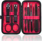 HANTEKAS Manicure Set 9 in 1 Stainless Steel, Nail Clippers Scissors Pedicure Tools Kit - Portable Travel Grooming Kit for Men and Women with Black/Red Leather Case (Red)