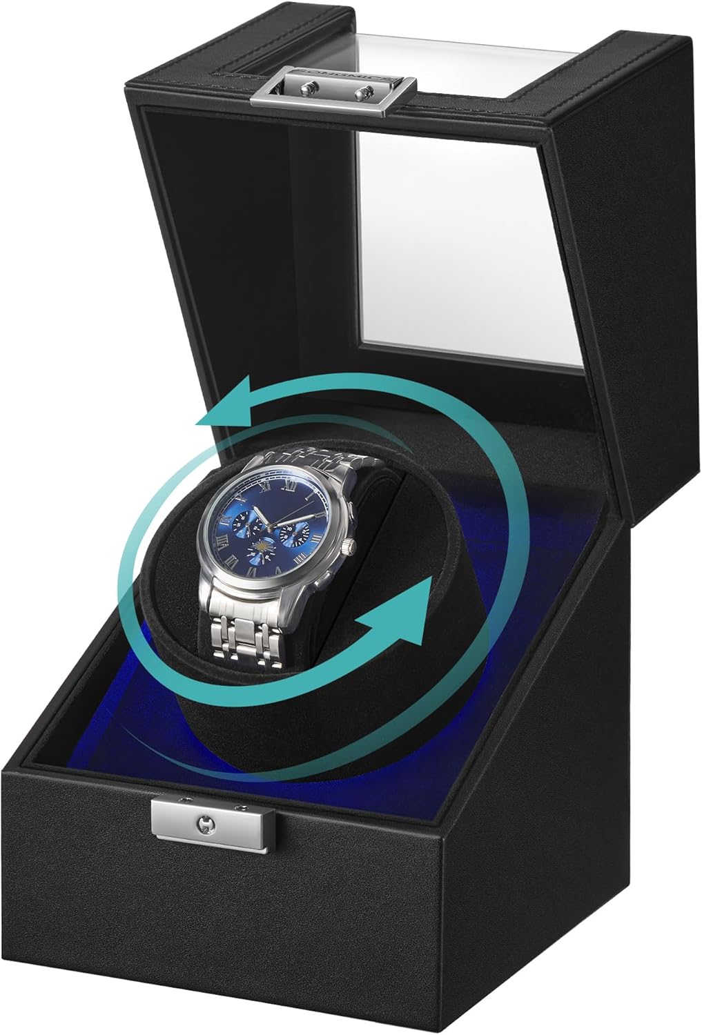 SONGMICS Automatic Single Watch Winder Box with Quiet Motor, for Automatic Watches, with LED Light, Adjustable Pillow, Lock, 4 Winding Settings, Includes a USB-C Charging Cable, Black UJWB030B01