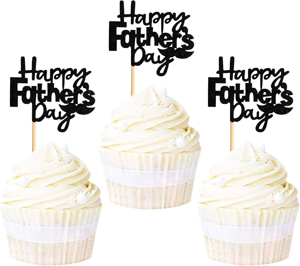 Ercadio 24 Pack Happy Father's Day Cupcake Toppers with Moustache Glitter Happy Father's Day Cupcake Picks Decorations for Best Super Dad Theme Party Blue