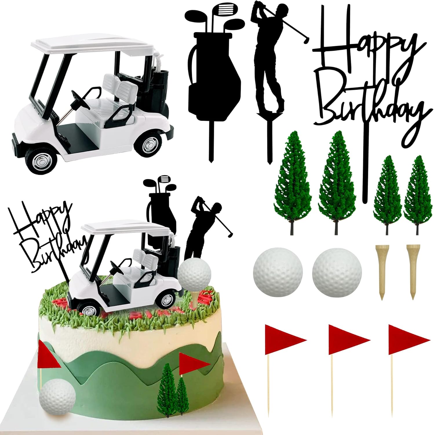 2026 New Golf Cake Decorations Golf Cart Cake Toppers Heading for The Green Cake Topper for Golfers with Cart Flag Golf Ball for Golf Theme Party Supplies (White)