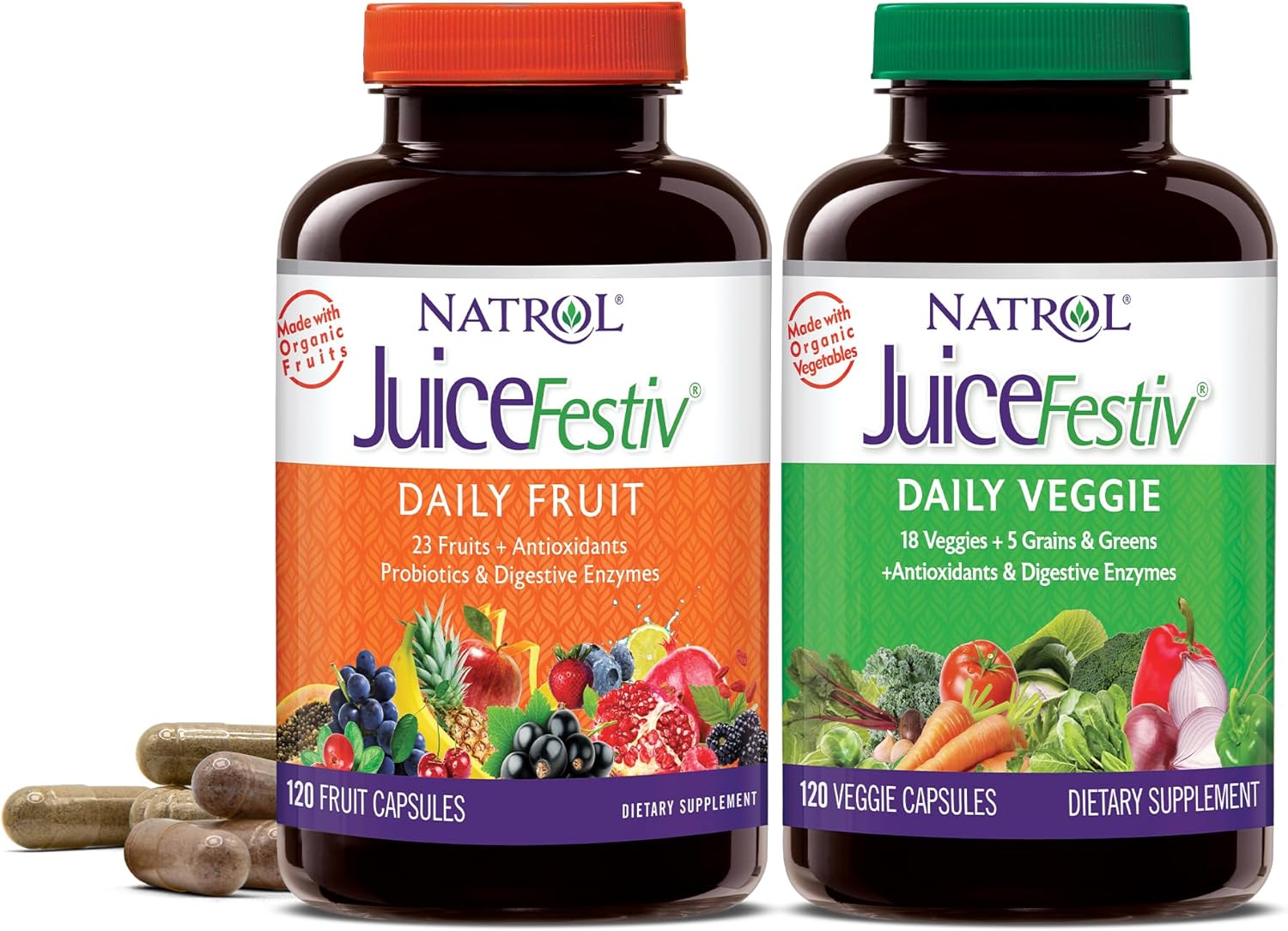 Natrol JuiceFestiv Daily Fruit & Veggie with SelenoExcell and Whole-Food [Phyto]Nutrients, Dietary Supplement Supports Better Nutrition (& overall well-being), 120 Capsules (Pack of 2), 60 Day Supply