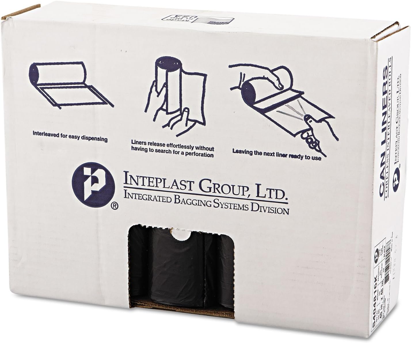 Inteplast Group High-Density Interleaved Commercial Can Liners, 45 gal, 22 microns, 40" x 48", Black, 25 Bags/Roll, 6 Rolls/Carton