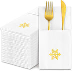 JarThenaAMCS 50 Pcs Christmas Linen Feel Napkin Snowflake Gold Foil Disposable Airlaid Paper Napkin White Prefolded Dinner Napkins with Built-in Flatware Pocket for Winter Holiday Party Supplies