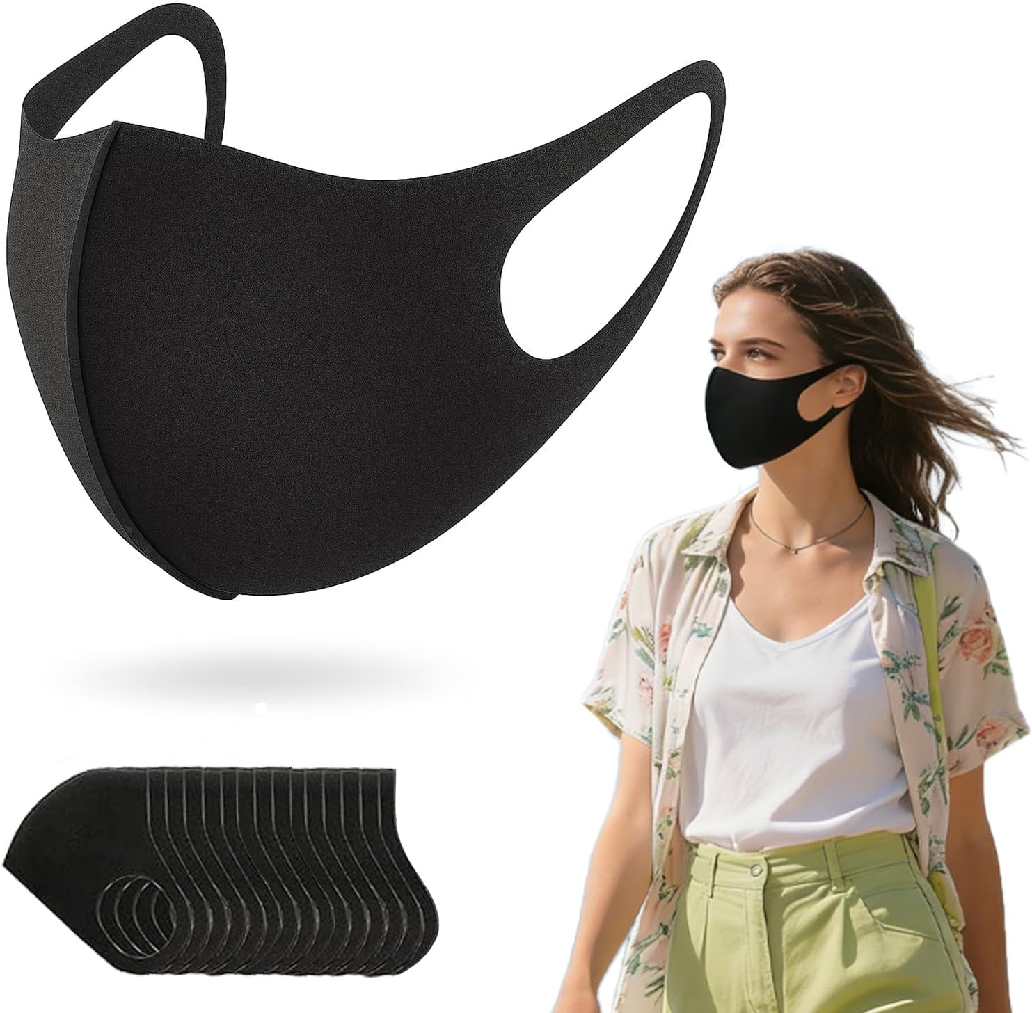 15PCS Black Reusable Face Masks Sponge Washable Breathable for Adult Men Women Dust Protection Not Cloth Fabric