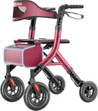 HOMLAND Foldable Rollator Walkers for Seniors with Seat, 10" All-Terrain Wheels & Curb Climber, 16.4 lb Lightweight Walker with Lockable Brakes, 300 lbs Capacity, Burgundy