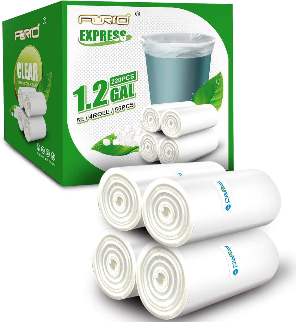 FORID Clear Small Trash Bags, 1.2 Gallon Garbage Bags, Wastebasket Bin Liners 220 Count Plastic Trash Bags for Bathroom Bedroom Office Garbage Can 5 Liters - Durable & Thick Trash Bag