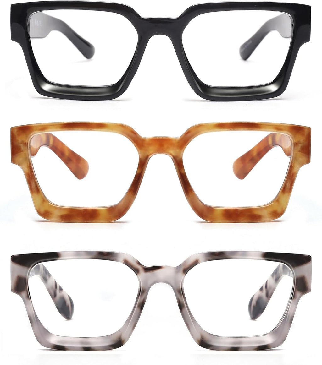 JM 3 Pack Square Reading Glasses for Women Men, Oversized Rectangle Spring Hinge Readers Blue Light Blocking