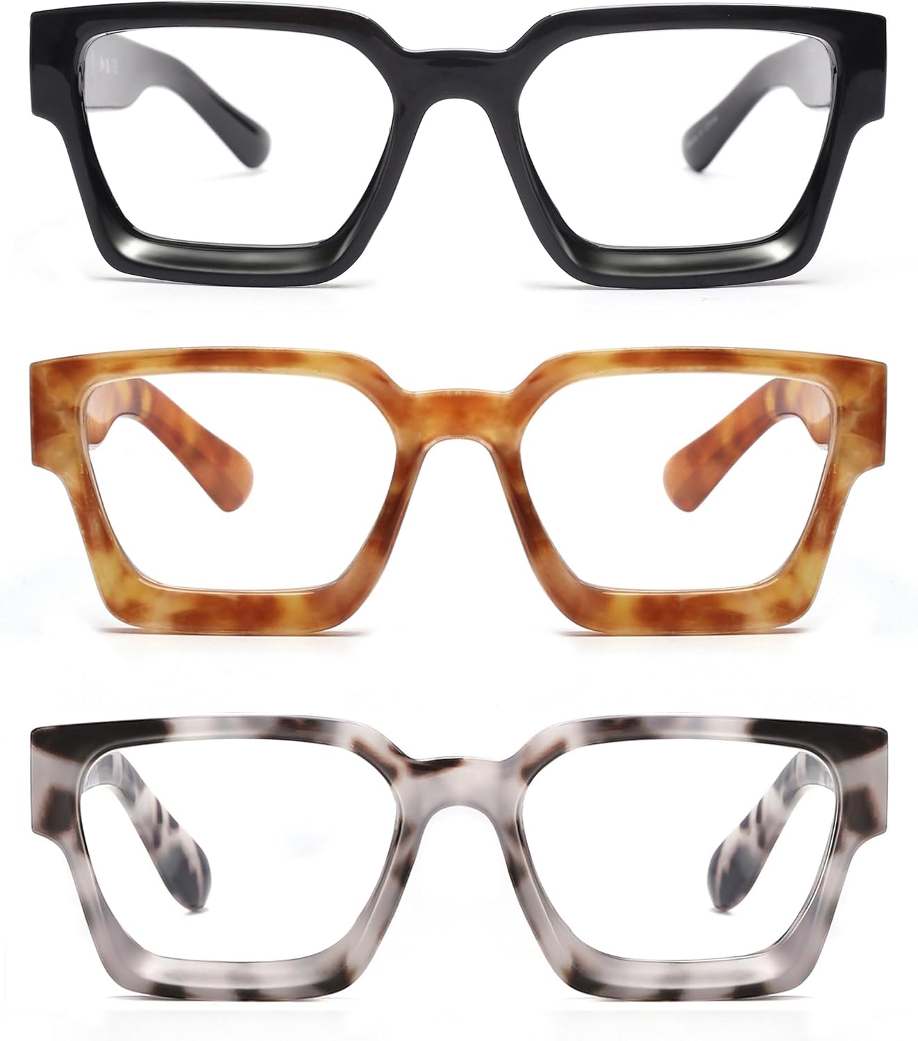 JM 3 Pack Square Reading Glasses for Women Men, Oversized Rectangle Spring Hinge Readers Blue Light Blocking