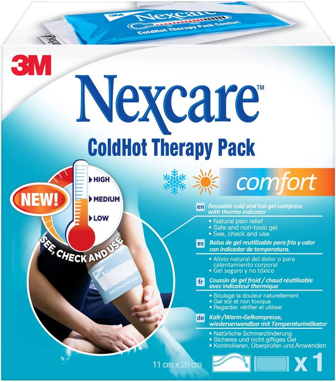 Nexcare Cold Hot Therapy Pack Comfort, 1 Pack - Reusable Cold and Hot Gel Compress with Thermo Indicator for Natural Pain Relief