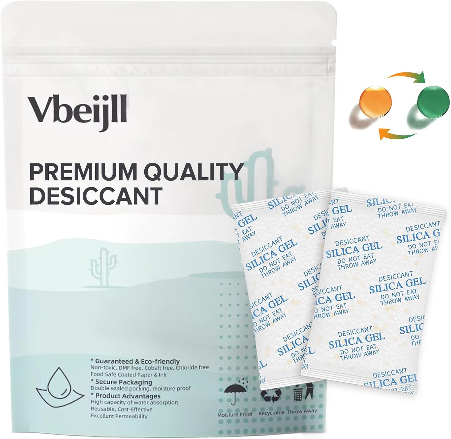 5 Gram (50 Pack) Color-Indicating Silica Gel Packets, Premium Food Grade Desiccant - Rechargeable Moisture Absorbers for Food Storage, Electronics, 3D Filament & Safes