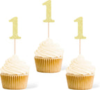 Gexolenu 24 PCS Gold Double-sided 1st Birthday Cupcake Toppers, Glitter Age ONE Cake Picks Decor, First Happy Birthday Party Decorations Baby Shower Anniversary Party Supplies