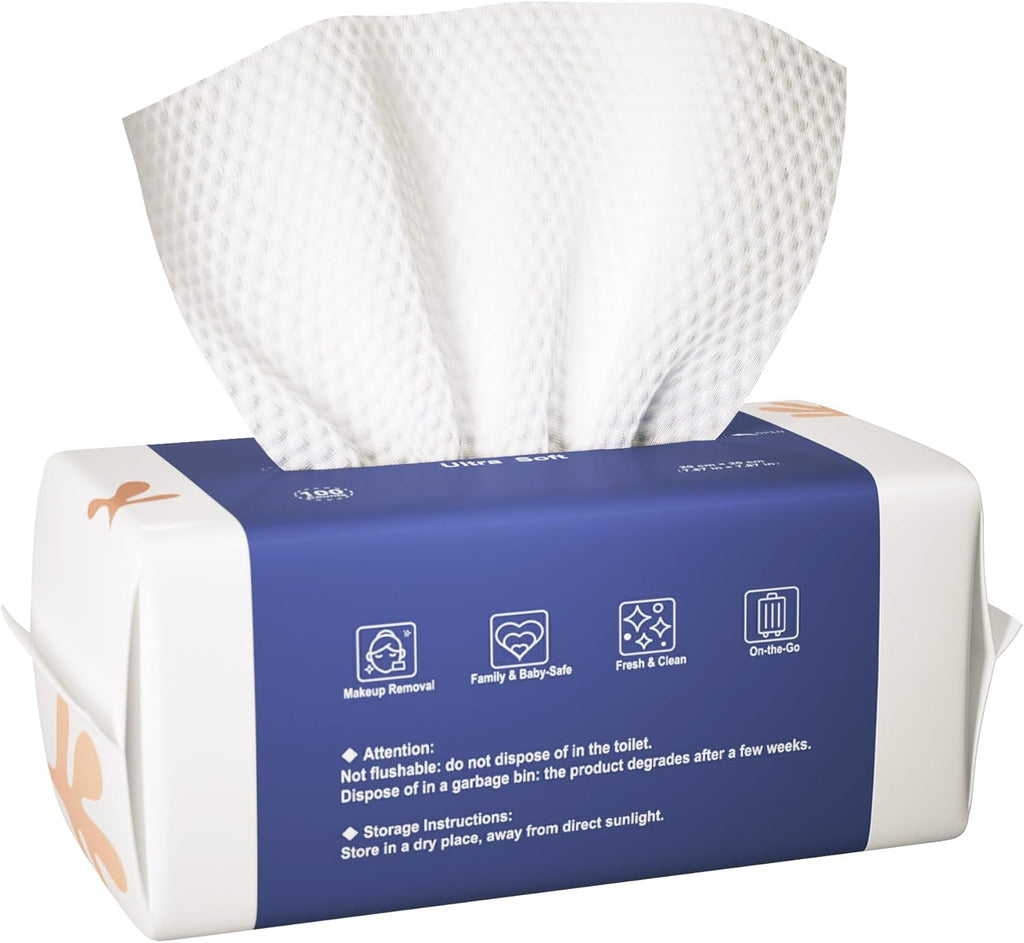 Ourmed Life Face Towels, Disposable Biodegradable Clean Facial Towels for Sensitive Skin, Lint- free Face Cloths for Makeup Remover, Skincare and Women Cleaning, Dry Wipes,100 Count Dot Texture
