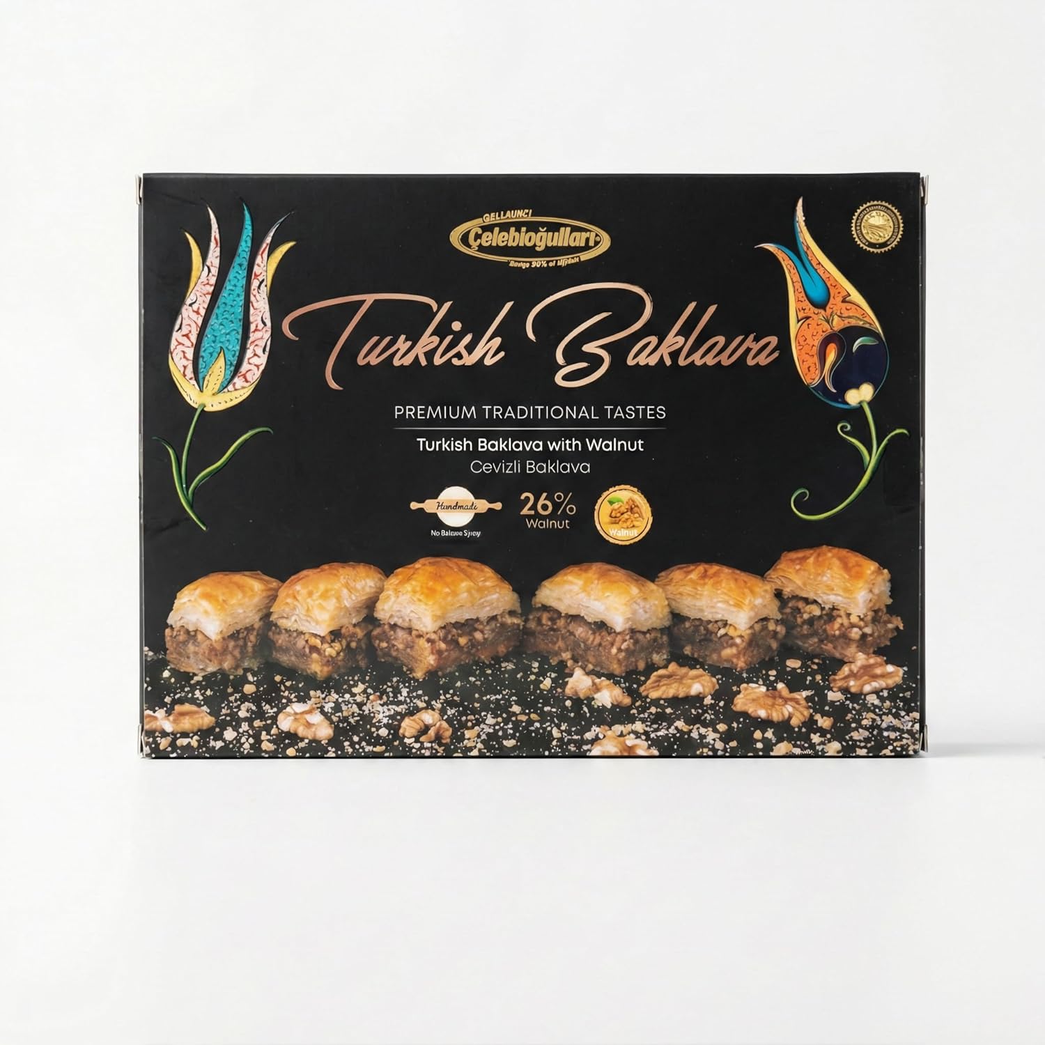 Baklavacı Çelebioğulları Turkish Walnut Baklava – 500g (1.1 lb) Handmade Traditional Pastry – 26% Walnut – No Glucose Syrup – Halal – Premium Mediterranean Dessert Gift Box