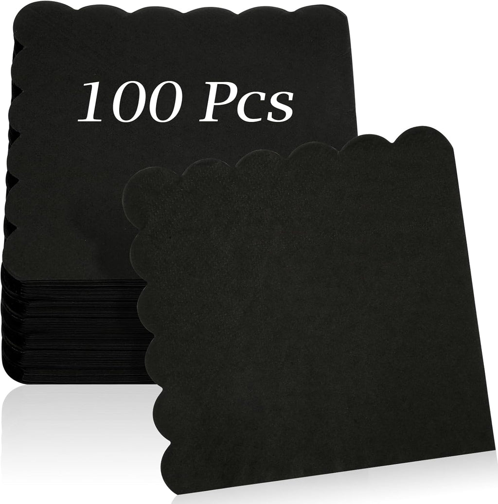 100 Pcs Cocktail Napkins, 2-Ply 5 x 5 Inches Disposable Scalloped Napkins, Thick Premium Dessert Napkins for Party, Wedding, Dinner, Birthday, Anniversary, Festival (Black)