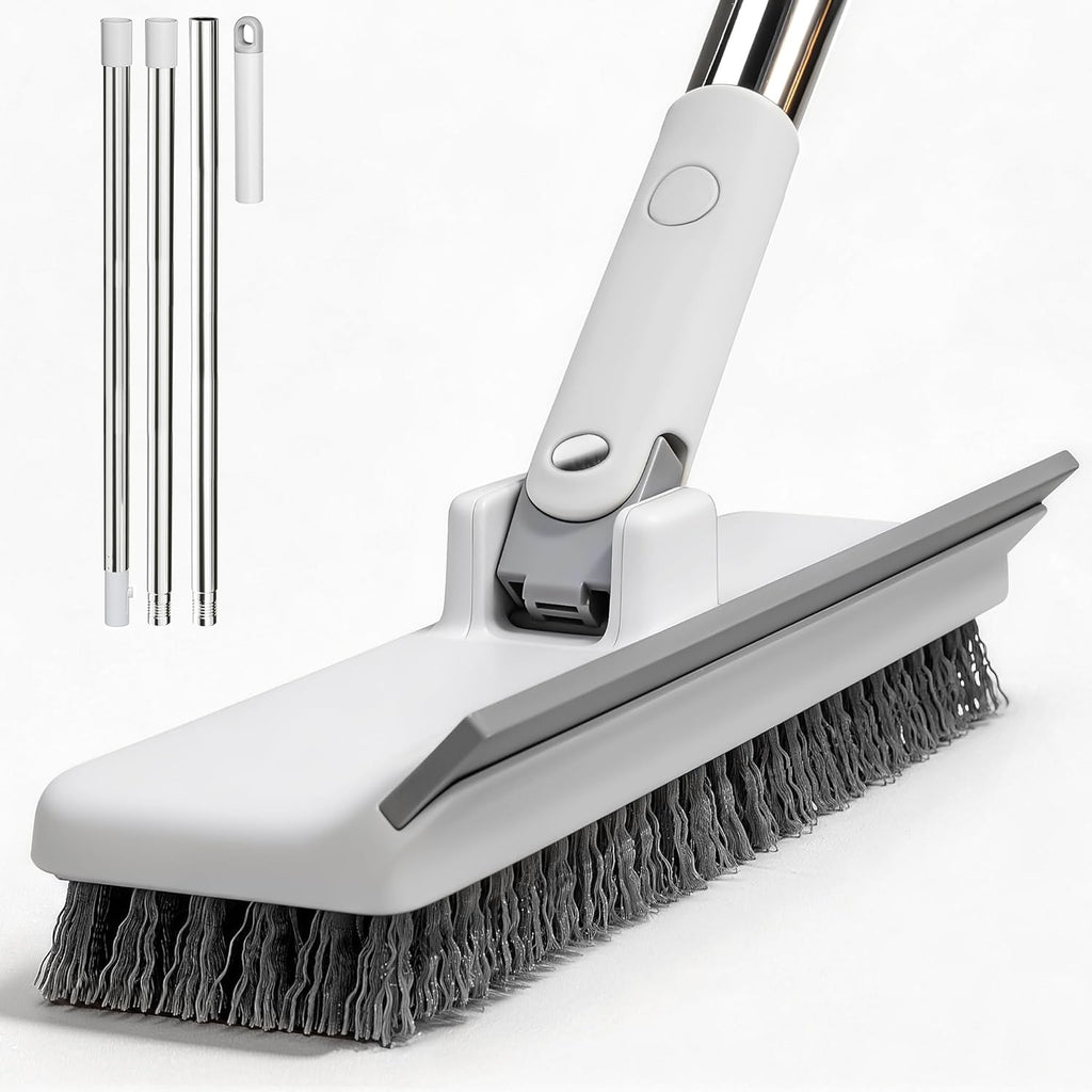 Floor Scrub Brush with 55" Long Handle, 2-in-1 Floor Brush with Built-in Squeegee, Adjustable Angle Head and Stiff Bristles for Tile, Wood, Concrete & Textured Floor Cleaning