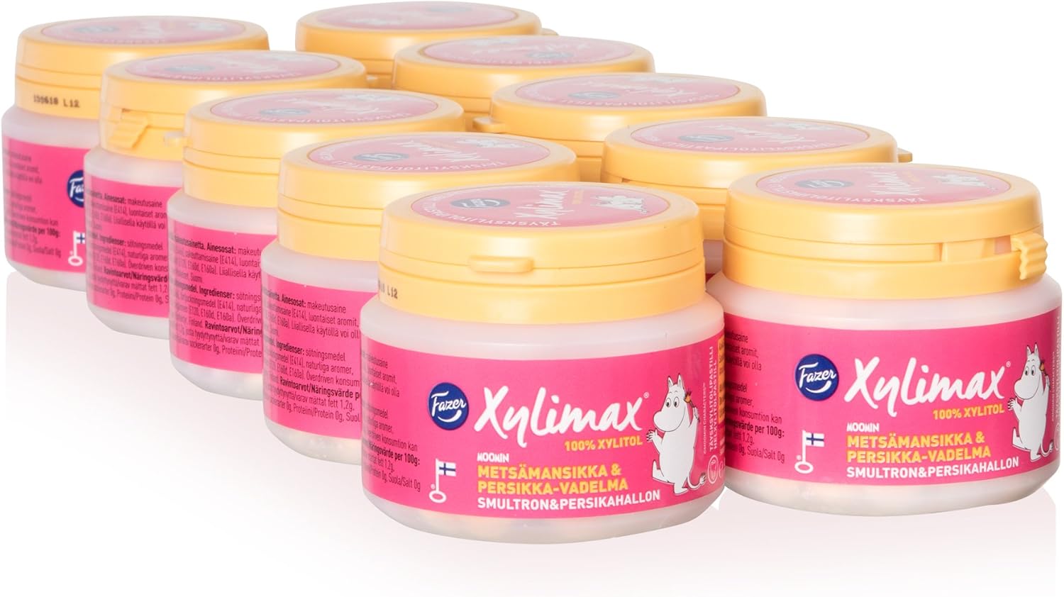 10 Jars x 90 g of Fazer Xylimax Moomin Wild Strawberry - Peach - Raspberry - 100% Xylitol - Pastilles - Dragees - Drops