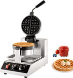VEVOR Commercial Waffle Maker, 1300W Round Waffle Iron, Non-Stick Rotatable Waffle Baker Machine With 122-572℉ Temp Range and Time Control, Teflon-Coated Baking Pan Stainless Steel Body 120V