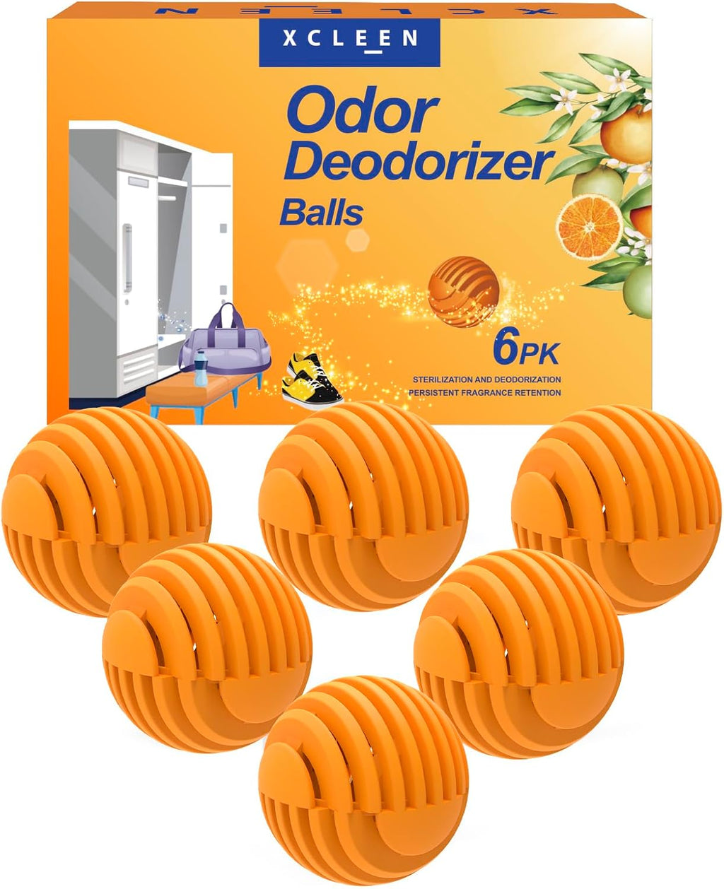 Xcleen Shoe Deodorizer Balls Citrus 6 Pack, Natural Essential Oil Long Lasting Sneaker Odor Eliminator, Small Spaces Air Freshener for Car Gym Bags, Drawers and Locker