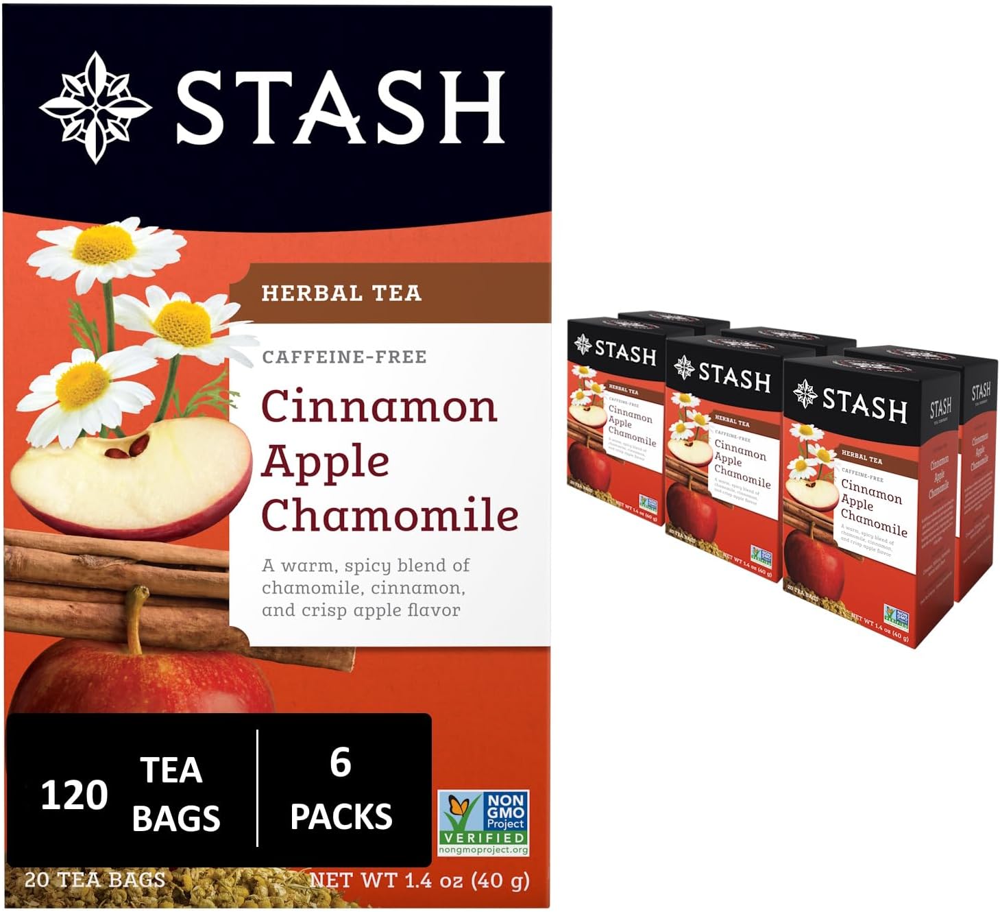 Stash Tea Cinnamon Apple Chamomile Herbal Tea - Caffeine Free, Non-GMO Project Verified Premium Tea with No Artificial Ingredients, 20 Count (Pack of 6) - 120 Bags Total